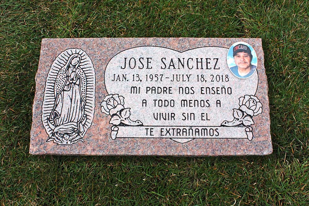 Rose colored granite marker with Our Lady of Guadalupe, heart panel, color ceramic photo